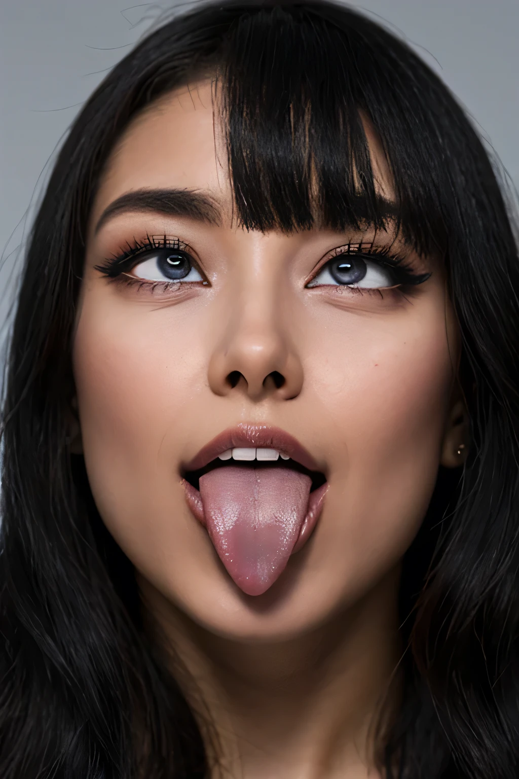 table top naked underneath the jacket, high definition , high definition , Award-winning photo, realistic skin texture, very detailed , keep your eyes sharp and focused , Nose and mouth, face focus , Light that highlights people's radiant skin , black camisole、Age 35,Black-haired、Symmetrical face, Insulated 、 from below、Extended C-shaped nostrils ,,, at the viewer's discretion 、, White background 、 sweated skin、 Lighting to Highlight sweated Skin、(( realistic and elaborate eyes and eyelashes )) sweated, shiny skin 、 growing skin that does not depict the nasal cavity 、 sweated hair、 ball gag、sunlight、(( long tongue sticking out at the viewer's discretion ))