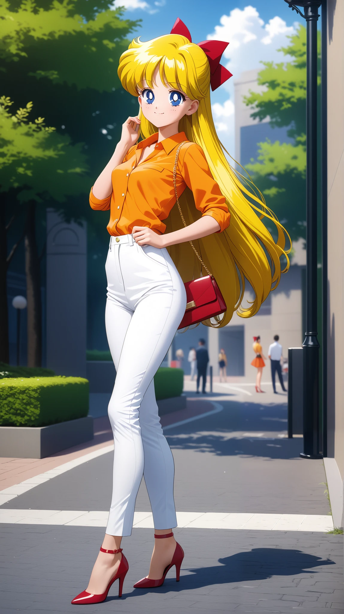 (masterpiece), best quality, very aesthetic, ultra detailed, complex details, 4K, aavenus, blonde hair, blue eyes, small breasts, hair bow, orange business shirt, white formal trousers, women's handbag, high heels, street park, standing sexy poses, smile