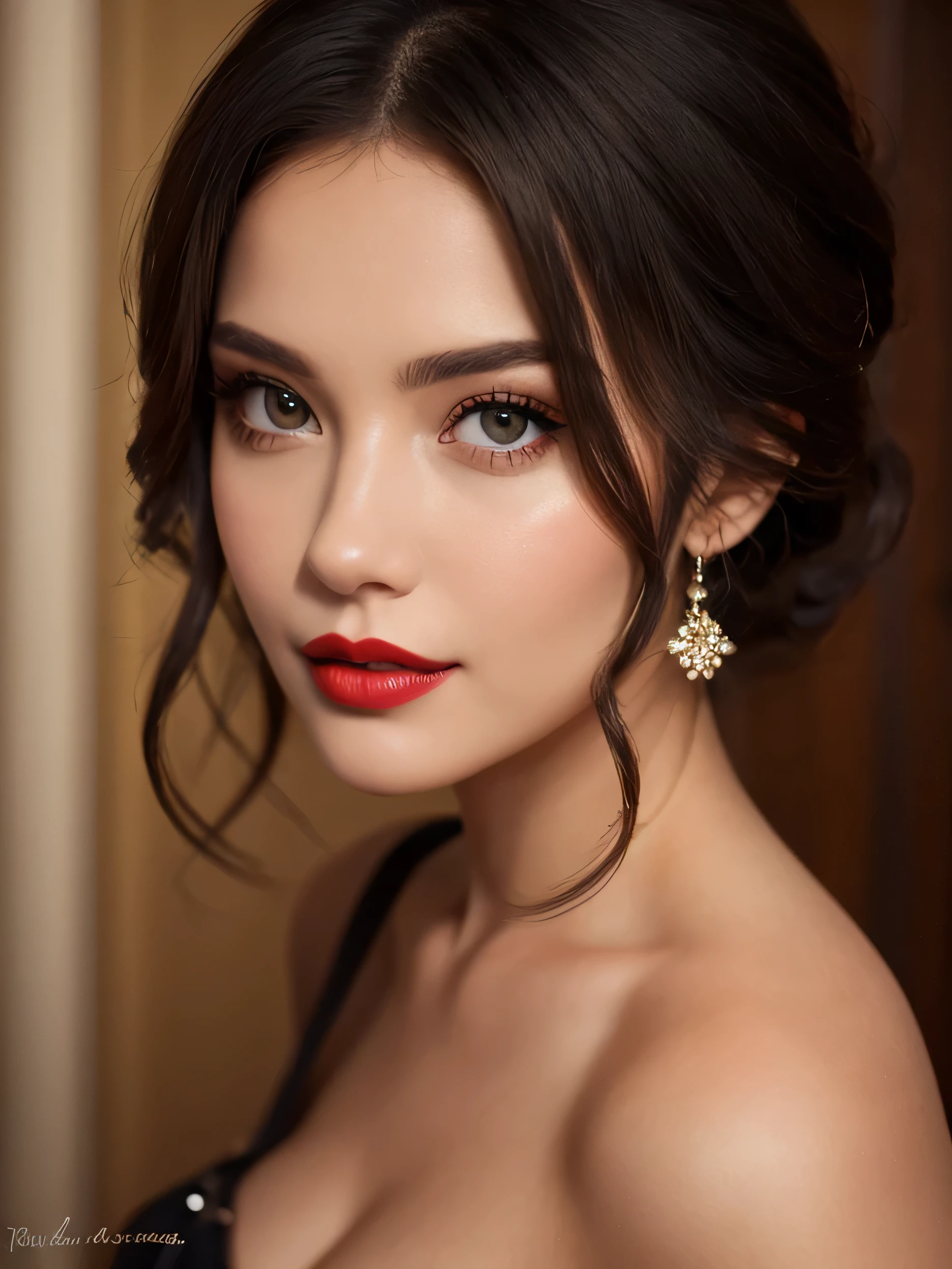 gorgeous woman's face, sensual red lips, makeup, beautiful eyes, she's Colombian, detailed, masterpiece. photorealistic
