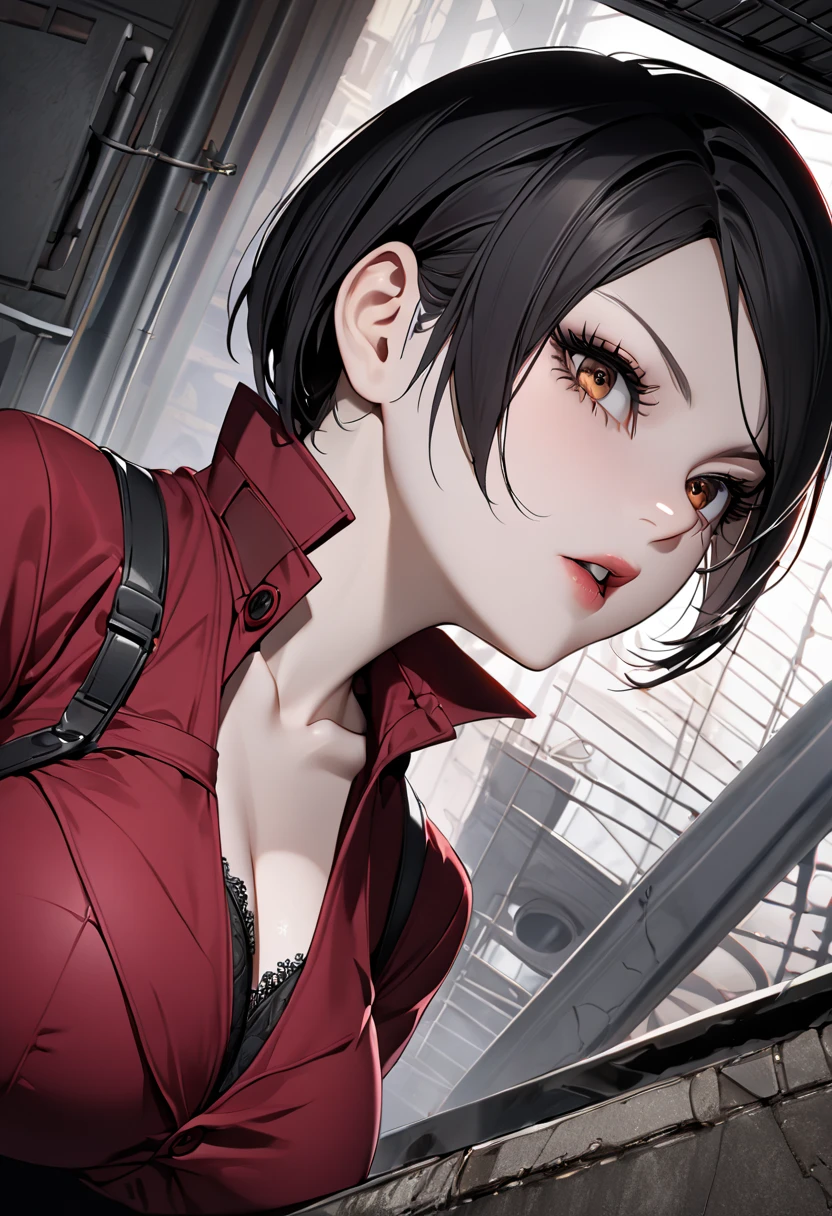 ( top quality )), (( Masterpiece)), (Familiar with),  perfect face , Big eyes,  eyelash, (resident evil), (ada wong), background, Drain , Short hair, Black hair, Brown eyes, Pupil ,   big breasts , Breakout sleep , Black long tights , Red dress 