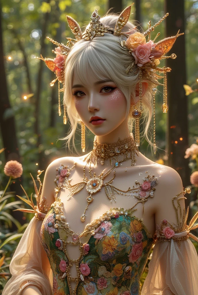 ethereal elf princess,extremely detailed eyes and face,long eyelashes,beautiful detailed lips, flowing white hair, wearing a stunning flowing dress made of delicate leaves and vines,standing in a luminous enchanted forest, glowing magical aura, intricate floral patterns, surrounded by ancient trees,soft dreamy lighting,mystical atmosphere, rays of sunlight filtering through the dense canopy,vivid colors,tiny glowing fireflies, eco-friendly attire,slender elegant frame