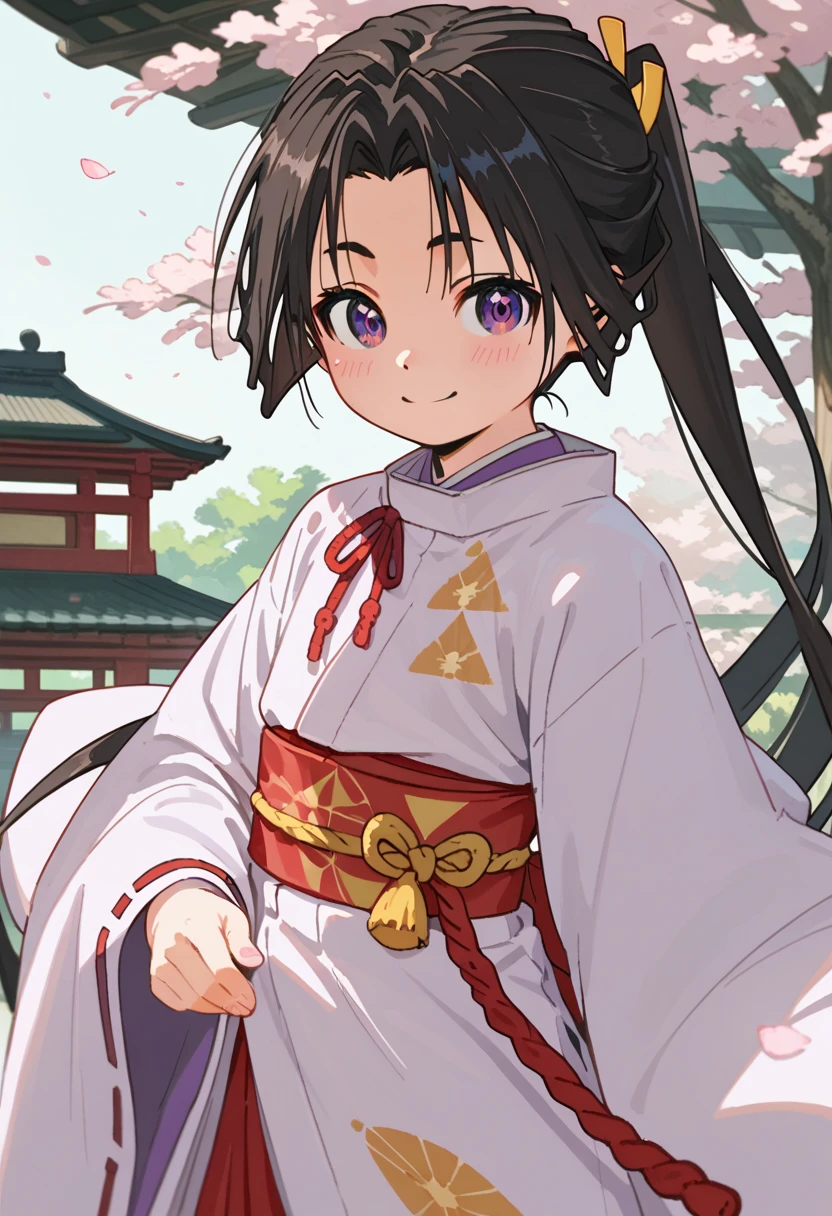 Anime,cute, smaller,Tokiyuki,1 person,Alone,  purple _eye, black_hair, kimono, red_ribbon,red面,smile,white_kimono