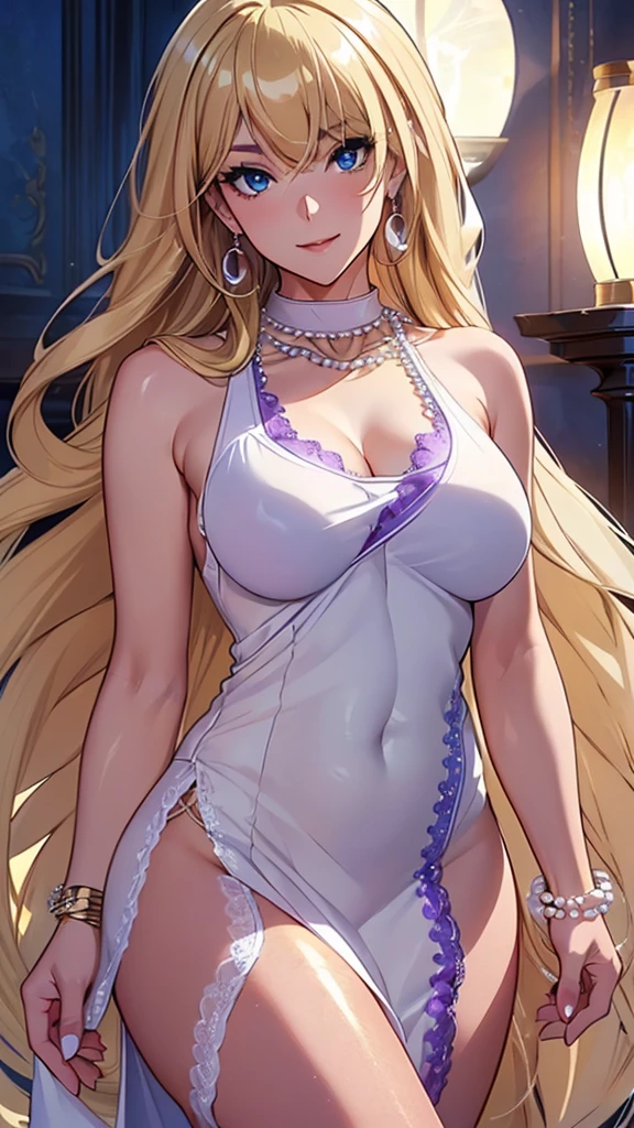 A masterpiece of the highest order, ultra high precision, ultra high image quality, 8K quality, realistic anime style, a woman, a perfect woman with the best anatomical and ergonomic face and body, a well-proportioned face and body, (((Long hair:1.3))), (((Blue colored highlights hair:1.2))), (((shiny Blonde hair:1.2))), (((long bangs:1.2))), a slim face, ((narrow deep clear Blue eyes:1.2)), (((deep glossy and shining eyes))), (((eyes with highlights))), (((very long eyelashes))), thin red lips, a tall and slender body, (very large and heavy breasts:1.4), tight waist, large hips, white skin, moist and lustrous skin, (((Sexy purple dress))), (((slit Lace Dress:1.2))), (((large earrings))), (((Pearl necklaces:1.2))), (((bangles, rings))), (((beautiful smile))), mysterious atmosphere, great presence, ((upper body, sexy pose))
