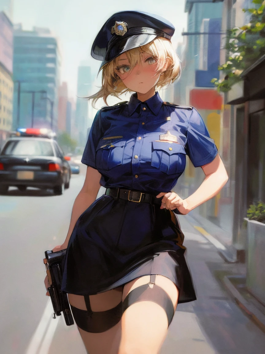 (masterpiece, highest quality:1.2), 1 girls,  ((Police Officer)), (Police uniform) , (She has a gun) , (Road with cars), (Downtown) , (eyes half closed), large tears, (lots of drool), The body shakes violently, ((Hasselblad Photos)), [:(detailed face:1.2):0.2], , aroused , Big breasts , Black mini skirt, black garter belt