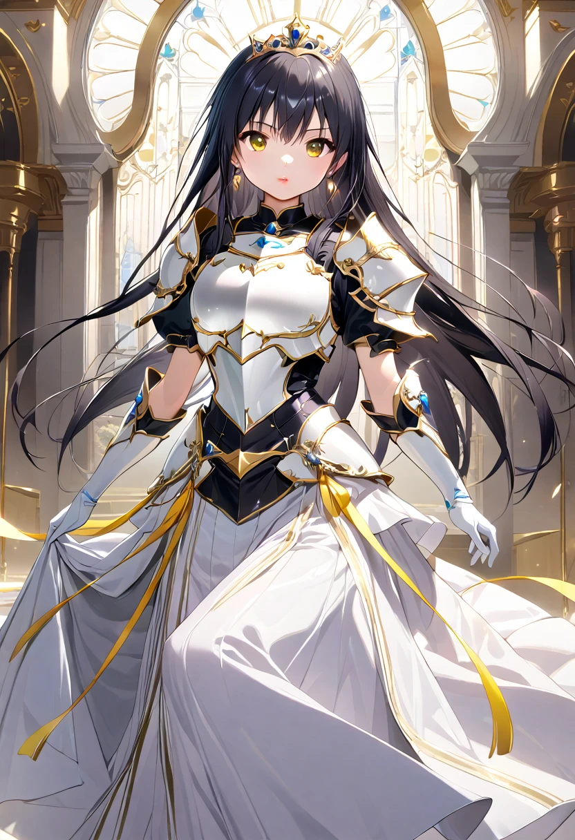 ((masterpiece)),  best quality,  Very detailed,( one girl who is at ease),Yui Kotegawa,  yellow eyes, Long Hair,  black hair,  dress, (( white knee socks like Arcelle )), Gloves,  jewelry,  clevis,  princess your toddler, elbow Gloves,  tiara , brooch, white Gloves、Adult women、thin、 VERY BEAUTIFUL、 Facial beauty、 long skirt、(((black and white armor、breastplate、Shiny Armor:1.2)))、 holding a bow、 Gold Earrings 、 black hair,  yellow eyes,  pink lips、whole body