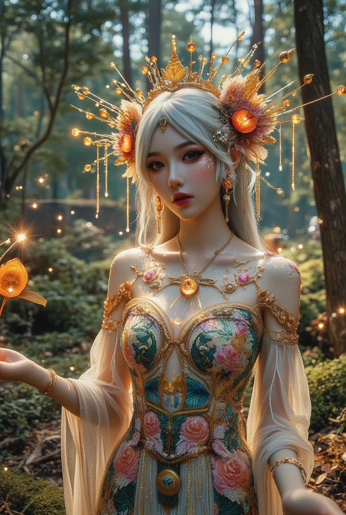 ethereal elf princess,extremely detailed eyes and face,long eyelashes,beautiful detailed lips, flowing white hair, wearing a stunning flowing dress made of delicate leaves and vines,standing in a luminous enchanted forest, glowing magical aura, intricate floral patterns, surrounded by ancient trees,soft dreamy lighting,mystical atmosphere, rays of sunlight filtering through the dense canopy,vivid colors,tiny glowing fireflies, eco-friendly attire,slender elegant frame