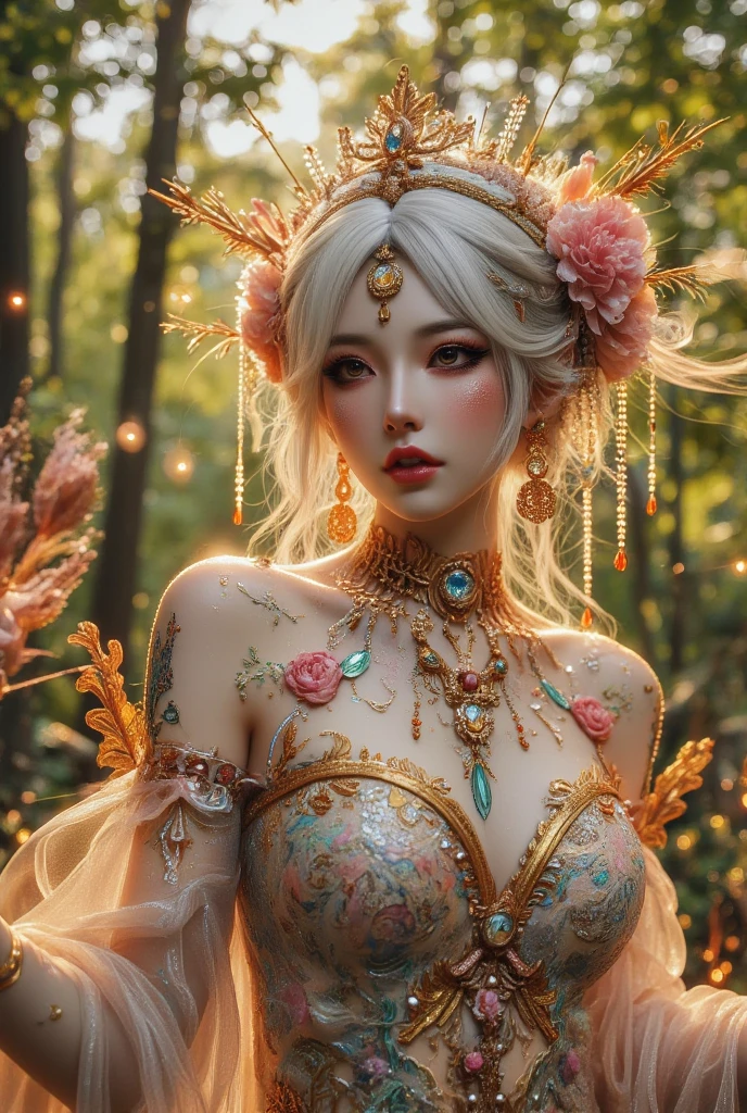 ethereal elf princess,extremely detailed eyes and face,long eyelashes,beautiful detailed lips, flowing white hair, wearing a stunning flowing dress made of delicate leaves and vines,standing in a luminous enchanted forest, glowing magical aura, intricate floral patterns, surrounded by ancient trees,soft dreamy lighting,mystical atmosphere, rays of sunlight filtering through the dense canopy,vivid colors,tiny glowing fireflies, eco-friendly attire,slender elegant frame