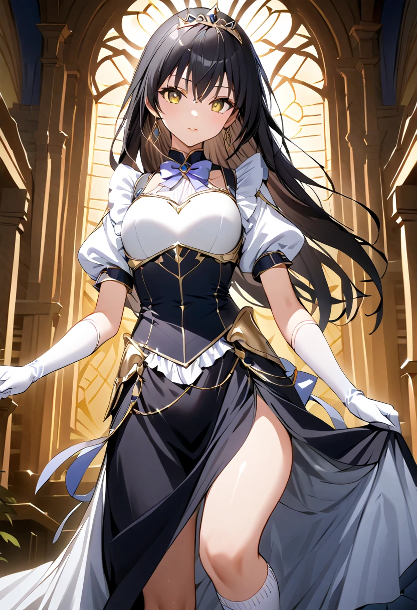 ((masterpiece)),  best quality,  Very detailed,( one girl who is at ease),Yui Kotegawa,  yellow eyes, Long Hair,  black hair,  dress, (( white knee socks like Arcelle )), Gloves,  jewelry,  clevis,  princess your ddler, elbow Gloves,  tiara , brooch, white Gloves、Adult women、thin、 VERY BEAUTIFUL、 Facial beauty、 long skirt、(((black and white armor、breastplate、Shiny Armor:1.2)))、 holding a bow、 Gold Earrings 、 black hair,  yellow eyes,  pink lips、whole body