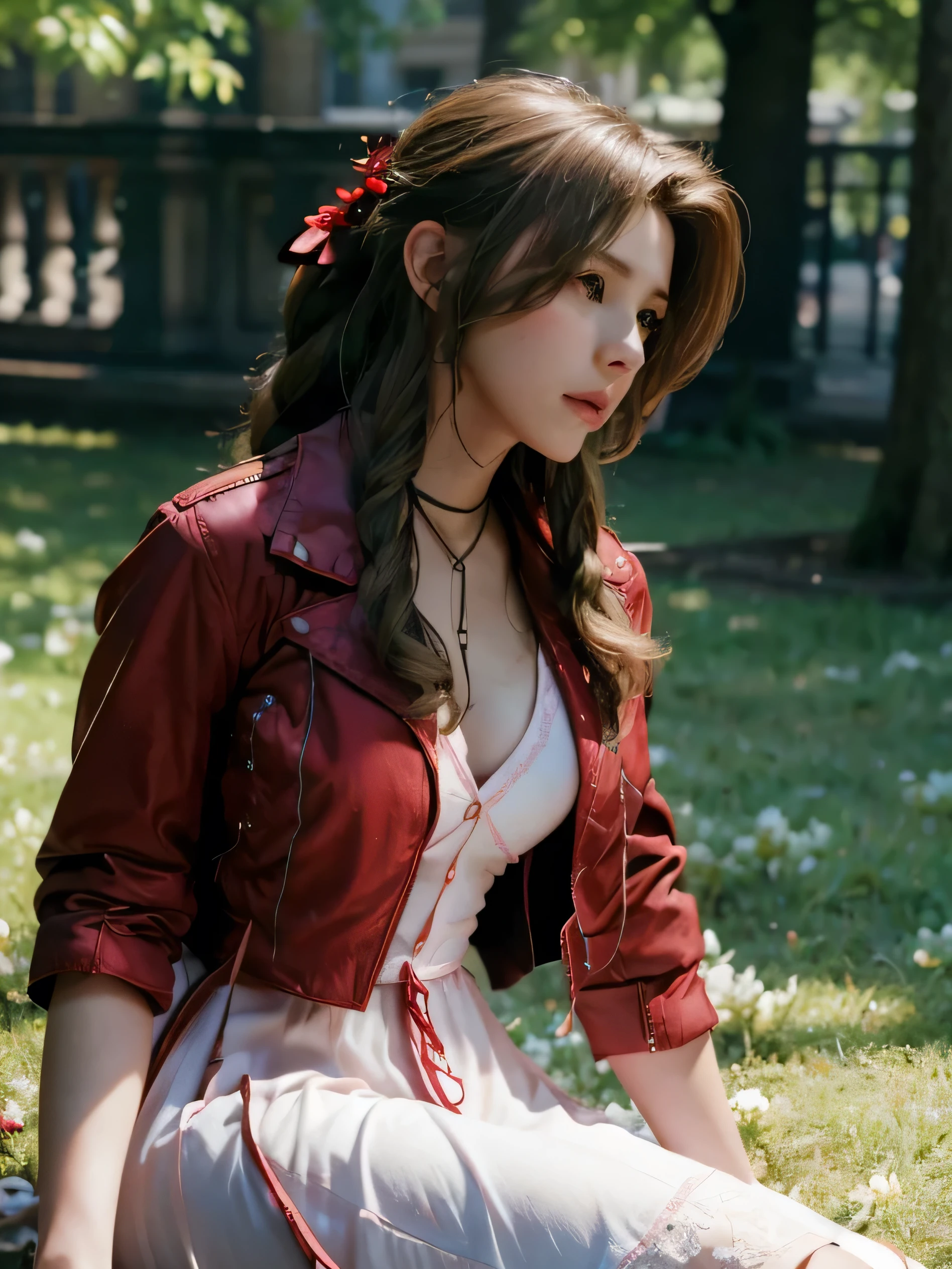 wide angle, Aerith Gainsborough Final Fantasy VII remake, (masterpiece, best quality:1.4), (future days), (sit on the grass), (full of white flowers), (1girl), solo, (european youth:1), aerith gainsborough, choker, (red ballero jacket:1.6), hair bow, bracelet, pink dress, brown boots, very long hair, hair ribbons, hair flowers, strapless red dress, high heels hyperrealistic, high detailed skin, dslr, soft lighting, high quality, highly detailed face, highly detailed skin, skin pores, subsurface scattering, realistic pupils, medium breast, full face blush, full lips, detailed background, depth of field, volumetric lighting, sharp focus, absurdres, realistic proportions, good anatomy, (realistic, hyperrealistic:1.4), 16k hdr, medium breasts