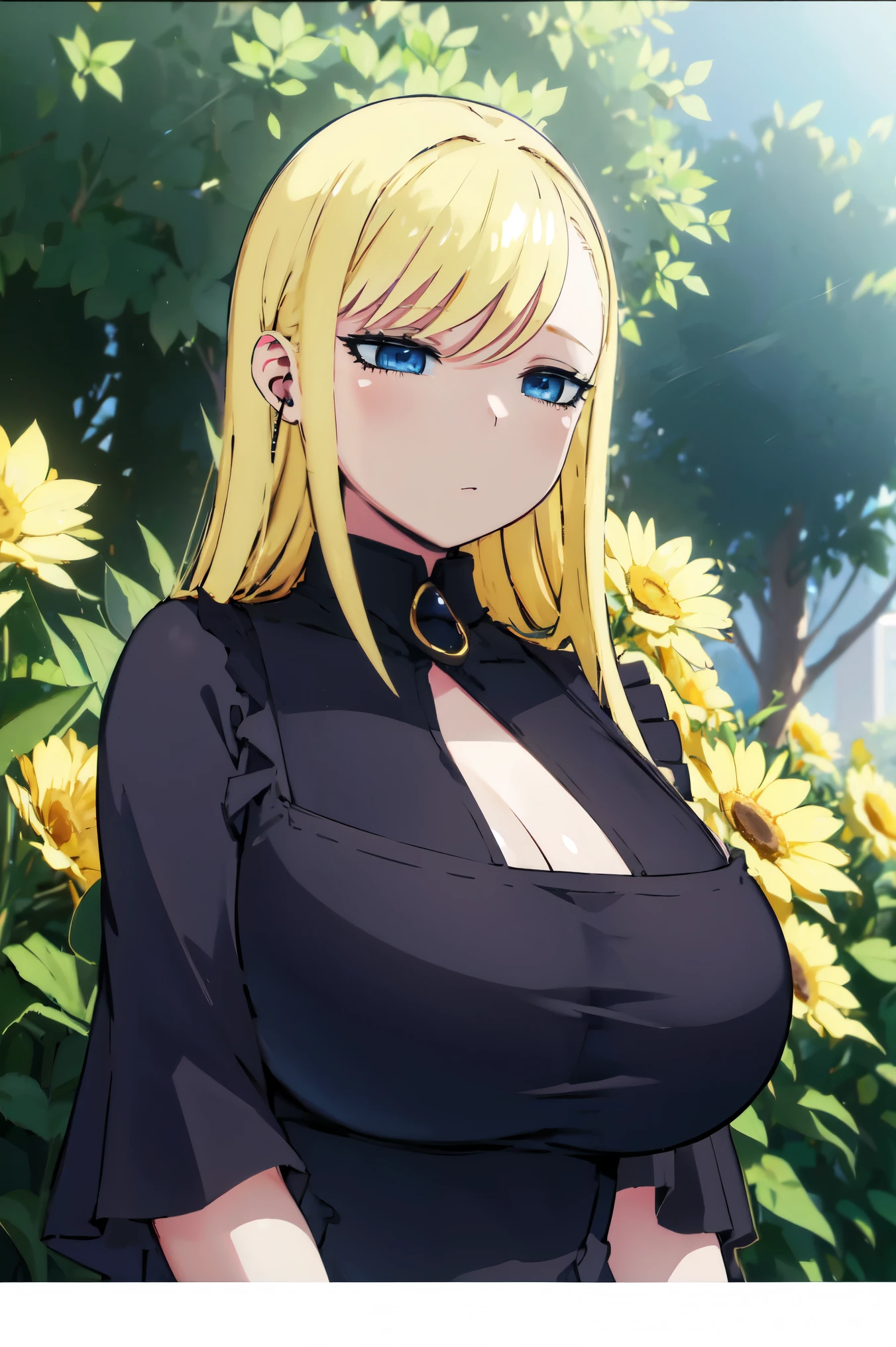 Blonde hair, huge tits   , (((black dress))),  thick, busty, blue eyes, ((upperbody)), emotionless, cleavage, flower garden