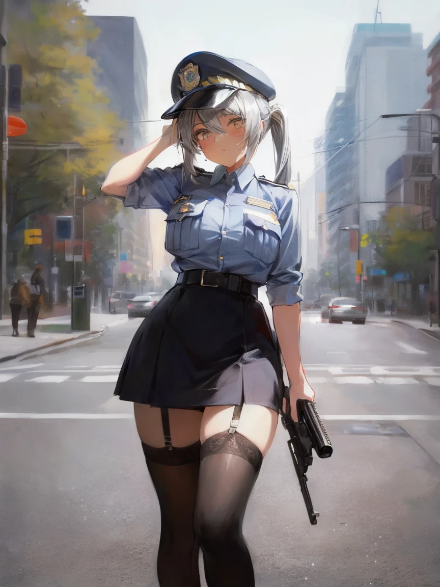 (masterpiece, highest quality:1.2), 1 girls,  ((Police Officer)), (Police uniform) , (She has a gun) , (Road with Police car), (Downtown) , (eyes half closed),  (lots of drool), The body shakes violently, ((Hasselblad Photos)), [:(detailed face:1.2):0.2], , aroused , Big breasts , Black mini skirt, black garter belt , (Silver twin-tail hairstyle) 