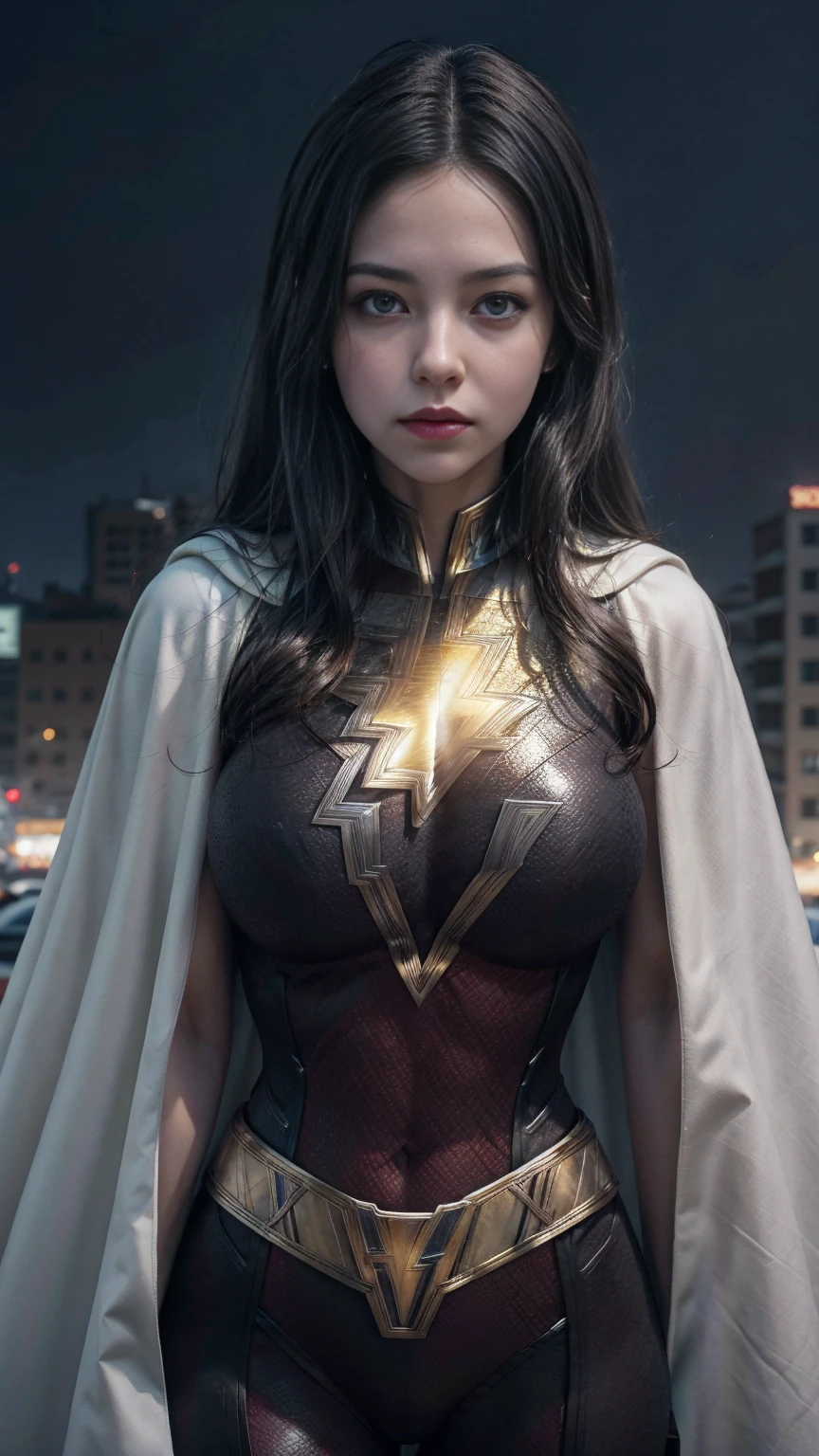 Mary Marvel  wearing black shazamsuit, Perfect Facial Features,big breasts, photo portrait, hyper realistic, ideal face template, full body, ,superhero pose,short blond hair,white cape,flying over the city