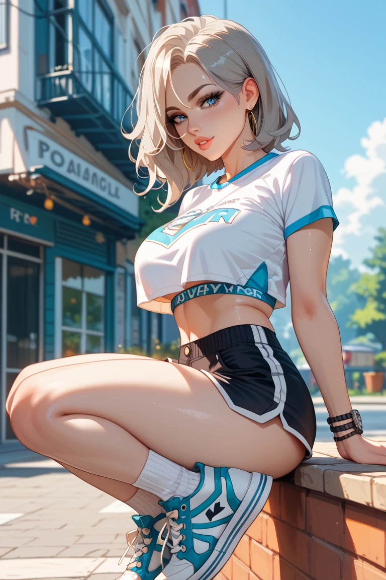 Hot busty girl, Grey-haired blonde、19-year-old female、crop top、Shorts、sneakers