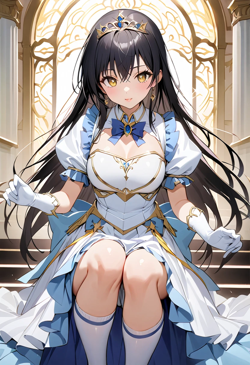 ((masterpiece)),  best quality,  beautiful adult woman,  Very detailed,( one woman),Yui Kotegawa,  yellow eyes, Long Hair,  black hair,  dress, (( white knee socks like Arcelle )), Gloves,  jewelry,  clevis,  princess your toddler, elbow Gloves,  tiara , brooch, white Gloves、Adult women、thin、 VERY BEAUTIFUL、 Facial beauty、 long skirt、(((black and white armor、breastplate、Shiny Armor:1.2)))、 holding a bow、 Gold Earrings 、 black hair,  yellow eyes,  pink lips、whole body