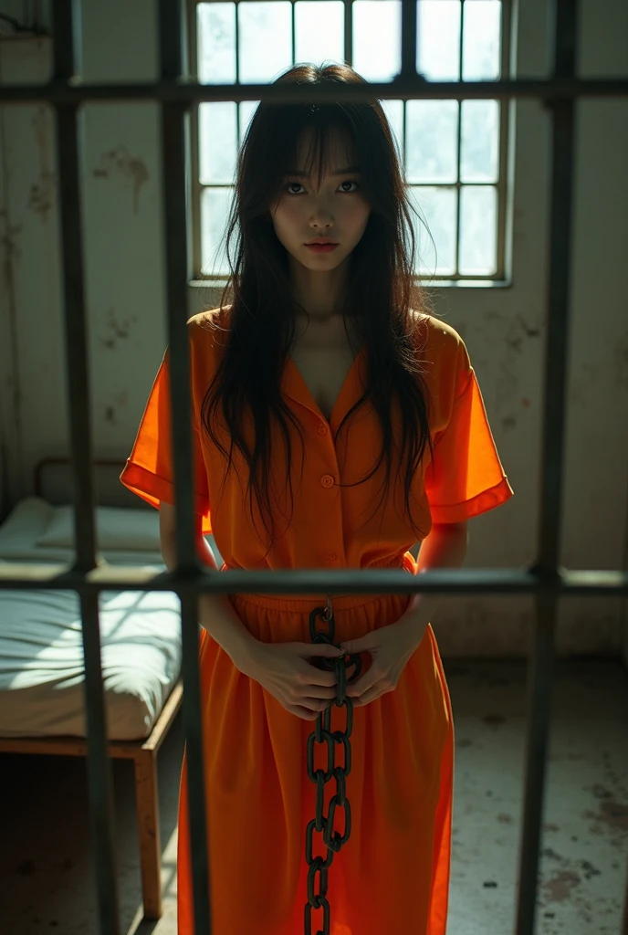 ((Best Quality, masutepiece, 超A high resolution、The most complex and detailed depictions))、1 Japan Beauty、((Realistic prisoners are perfectly recreated))、(Full-body orange clothing)、(Hands with handcuffs)、((Precise Jail、The Perfect Jail、The perfect cage、perfect arms))、Creepy underground cell、Dark underground cell、((Photograph the exterior of the prison、Craggy cobblestones))、Thick iron grates、Being in jail、((Wearing large handcuffs))、Rugged jail、(Very thick iron grate)、((A woman is behind an iron bar, Woman in a cage))、Perfect camera gaze、sexy facial expression