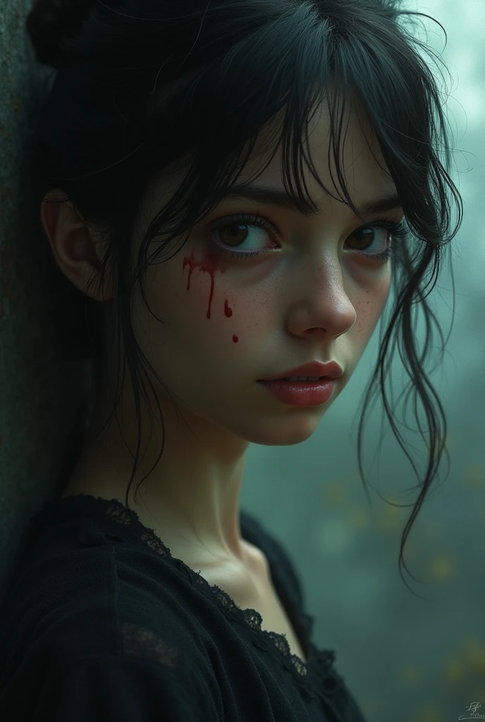 Super meticulous, Physical rendering, 超高分辨率,，Background bokeh，sharp fokus，staring at the audience，Twisted face，No eyelids，light make-up，Willow eyebrows，Large mouth of blood，exophthalmos，Three-dimensional facial features，Feel like a new person，photorealistic effect，best qualtiy，extremely detail face，Extremely detailed eyes and face，Zombie eyes，Unforgettable nausea，floated hair，Dim environment，Chinese girl --auto