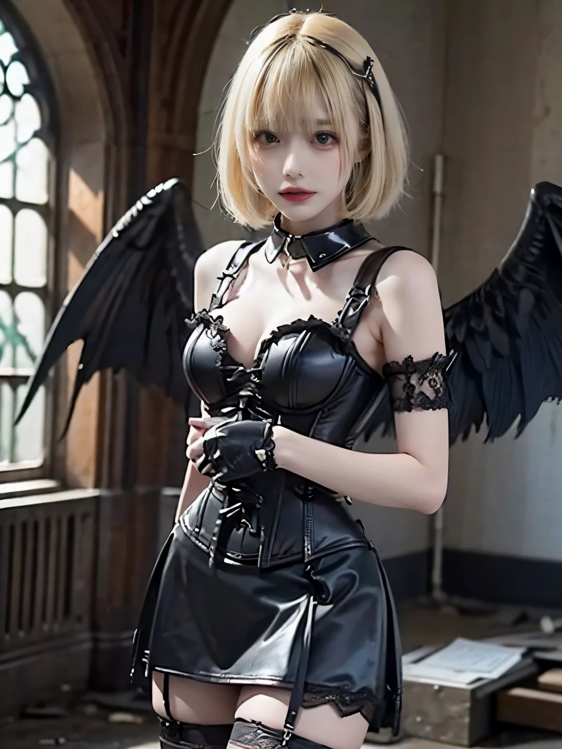 8K, Raw photo, Photorealistic, (Detailed skin, Best Quality:1.2), seductive succubus, (black wings), Teenage girl with black wings, in abandoned church, ((black leather corset, short lace skirt, black leather collar)), (black head dress, blonde bob hairstyle:1.3, bangs), (cleavage, skinny body, pale skin), thighs, dim lighting