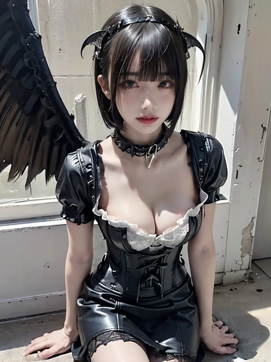 8K, Raw photo, Photorealistic, (Detailed skin, Best Quality:1.2), seductive succubus, (black wings), Teenage girl with black wings, in abandoned church, ((black leather corset, short lace skirt, black leather collar)), (black head dress, blonde bob hairstyle:1.3, bangs), (cleavage, skinny body, pale skin), thighs, dim lighting