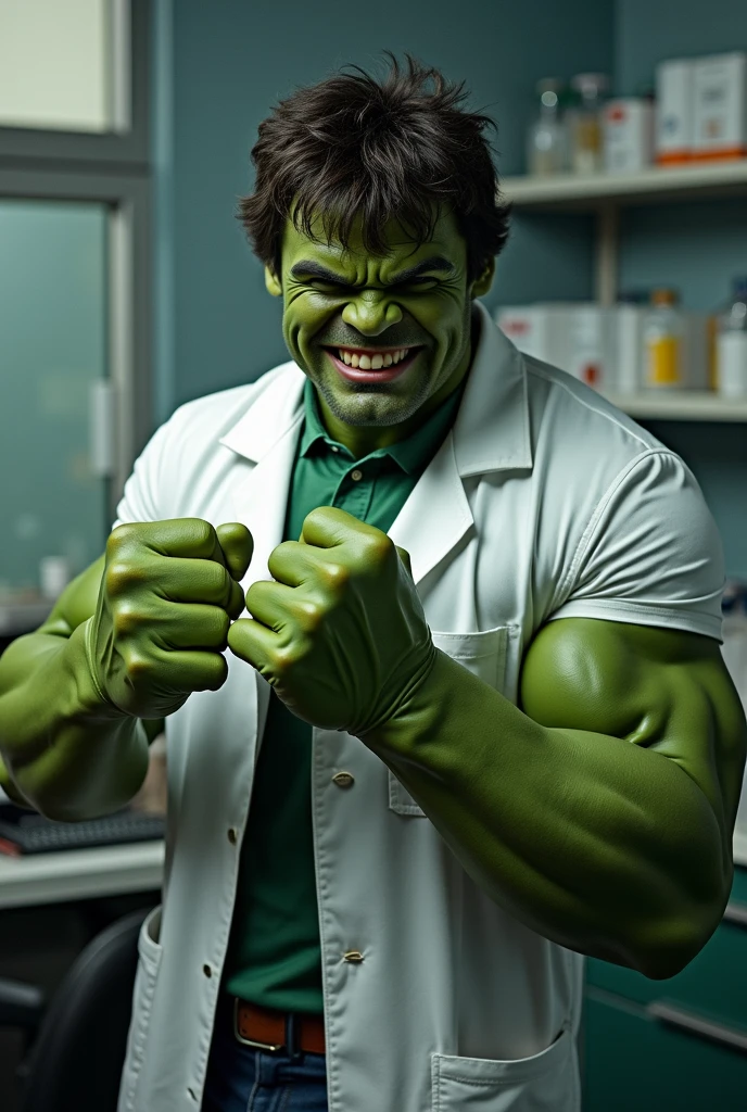 Imagine Hulk as a Doctor in Side Hospital, Wide Angle View, full shirt doctor clothes