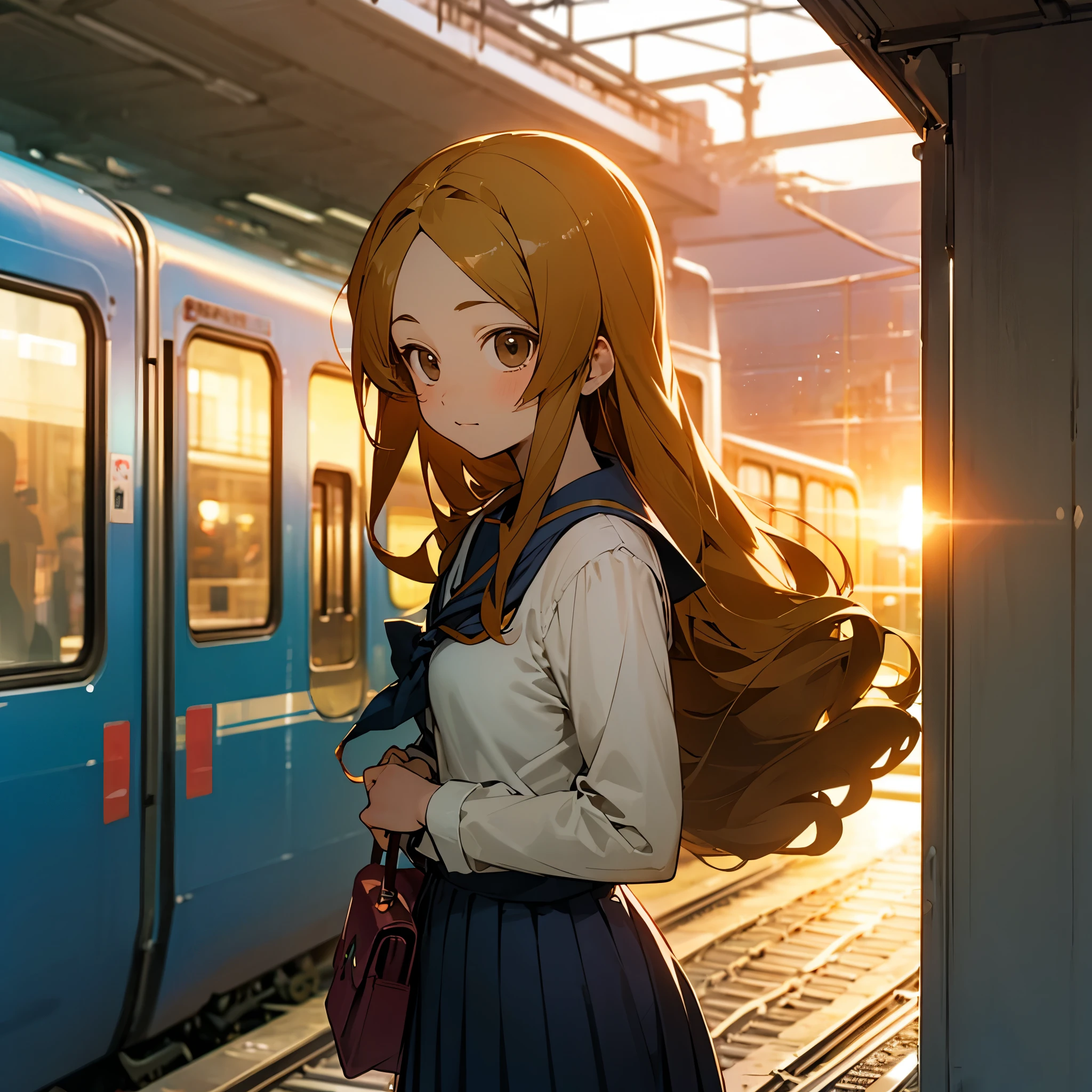 （masterpiece、Super exquisite、high resolution），（tarot cards、Yu-Gi-Oh cards），（romantic、Innocent、𝓡𝓸𝓶𝓪𝓷𝓽𝓲𝓬、adventure、Bold、Travel Elements），1 ，Wait for the train，School uniforms, Long curly hair, lace，BackgroundTRAIN STATION，（TRAIN STATION：1.5、sunset、Residual Yang）