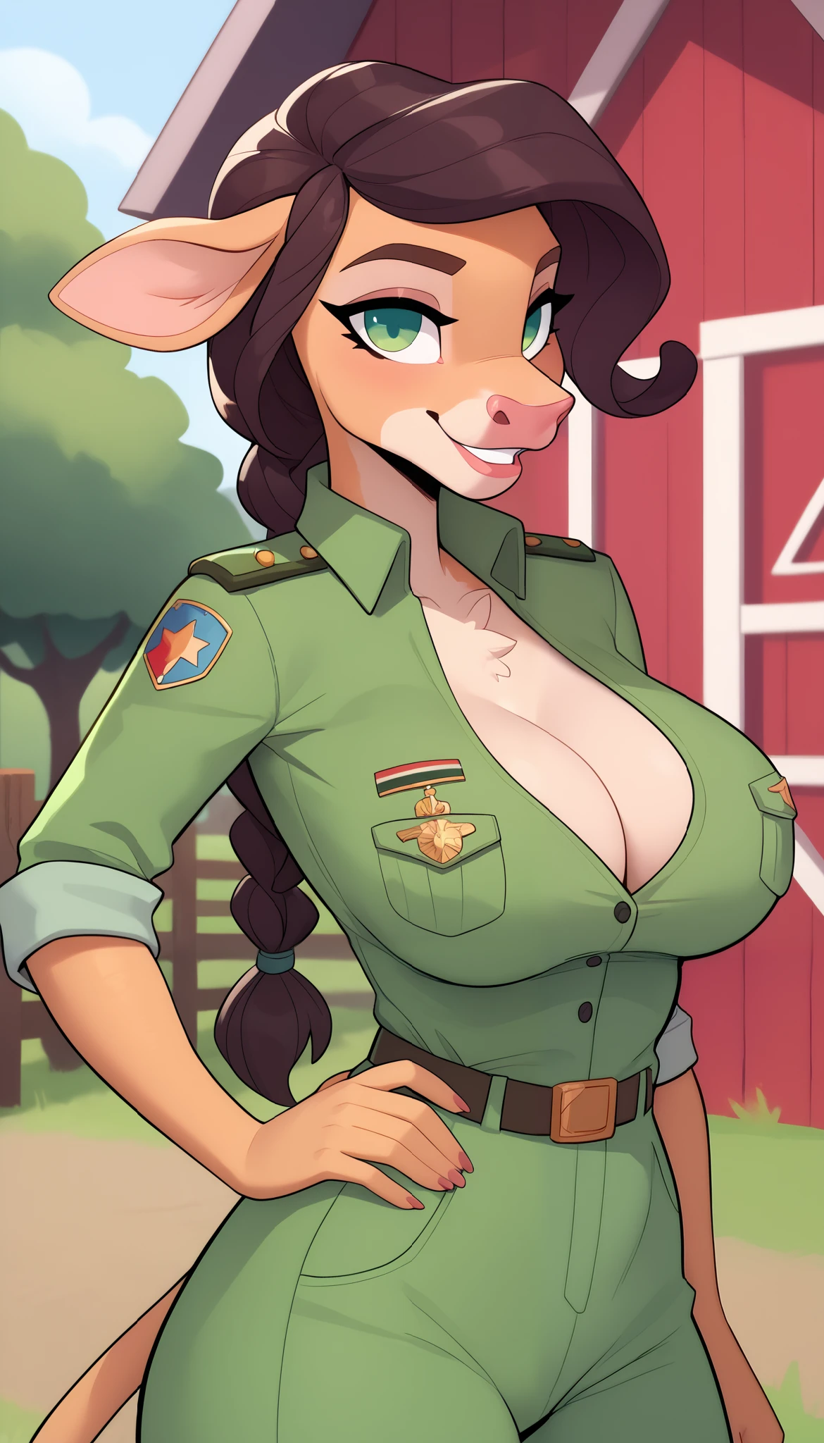 score_9,score_8_up,score_7_up,score_6_up,best quality, masterpiece, background is farm, farm, side view,1girl, veterinarian, uniform, nasty mind,
BREAK
solo, clarabelle cow, anthro, female furry, tall female, upper body, beige fur, brown hair, black eyes, no pupil, green jumpsuit, long black hair, braid, cleavage, smiling, looking at viewer, confident. hand on hip, standing, posing, big breasts,