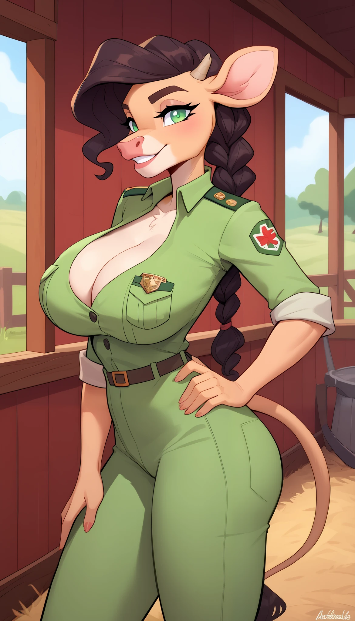 score_9,score_8_up,score_7_up,score_6_up,best quality, masterpiece, background is farm, farm, side view,1girl, veterinarian, uniform, nasty mind,
BREAK
solo, clarabelle cow, anthro, female furry, tall female, upper body, beige fur, brown hair, black eyes, no pupil, green jumpsuit, long black hair, braid, cleavage, smiling, looking at viewer, confident. hand on hip, standing, posing, big breasts, full body