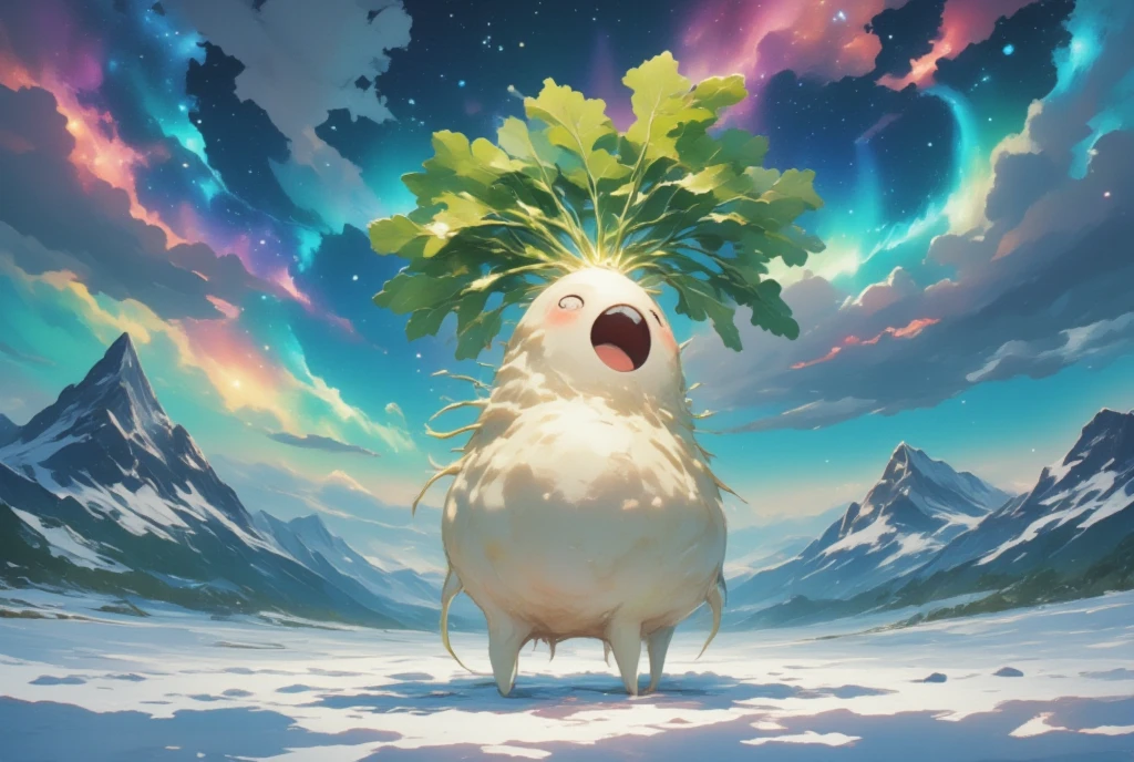 Arctic Landscape, and beautiful auroras spread out in the night sky, A huge daikon character that woke up from sleep on Earth is roaring,（ roaring daikon character :Mandrake:Japanese white radish texture,:Quadrupedal: open your mouth:Slightly cute :Charming), something cute dark fantasy 