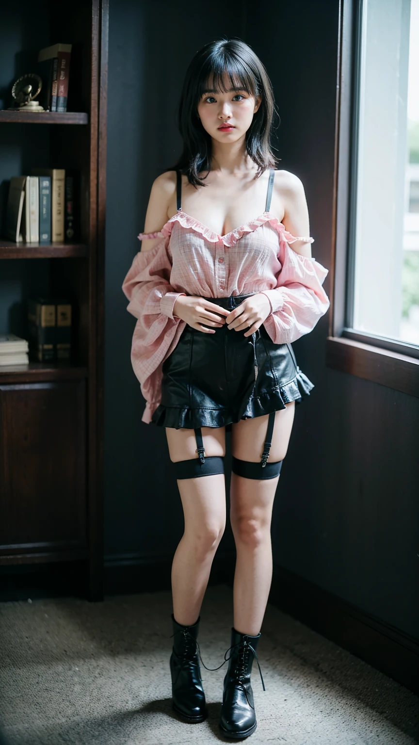 (8k、  RAW Photos from the Last Century 、 best quality、masterpiece:1.2)、(Realistic、Realistic)、1 person((Black and Pink、silk off-the-shoulder、 see-through 、Frills、ribbon、 plaid miniskirt 、 Big Breasts 、 Thin legs、 Accessories、 cleavage、 garter belt、 boots 、  camera 、 stage、 medium hair、I'm standing with my hands on my hips、whole body )、cute