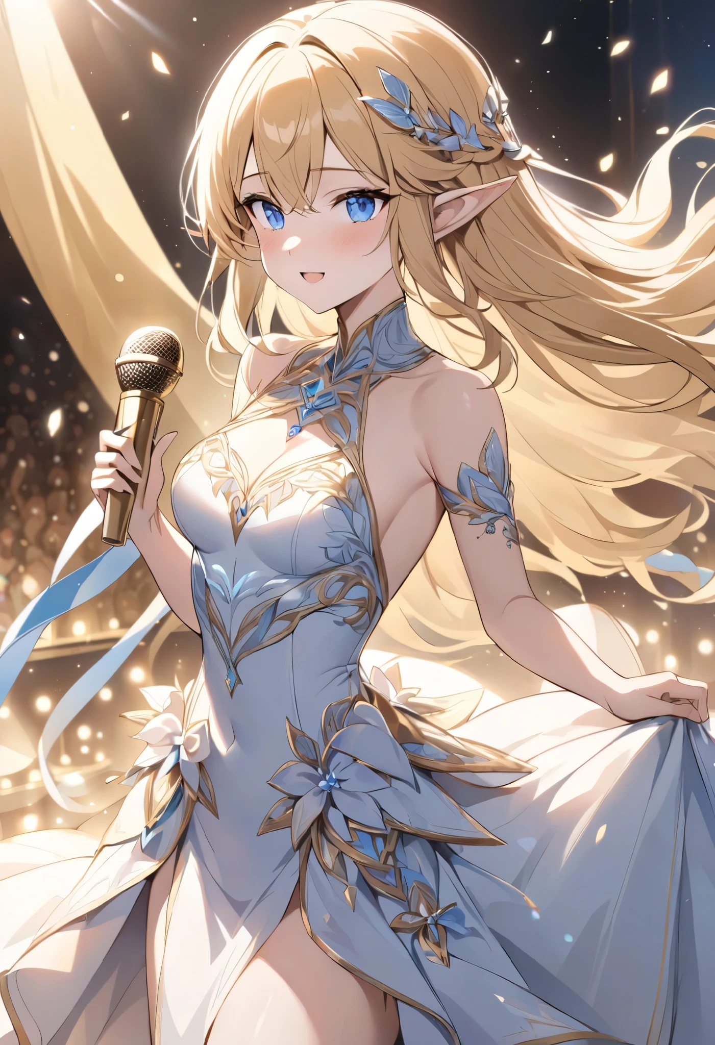 (((Best quality, 8k, Masterpiece: 1.3)), ((best quality)), ((masterpiece)), (detailed), perfect face, perfect body, (detailed skin:1.3), (intricate details), A radiant young elven actress, with flowing golden blonde hair and piercing blue eyes, stands on the grand stage of an Academy Awards ceremony. She wears an elegant, floor-length gown in shimmering silver and gold, adorned with intricate elven embroidery that glimmers under the stage lights. In her delicate hand, she holds the iconic Oscar statuette. Tears of joy glisten in her eyes as she speaks passionately into the microphone, her pointed ears visible beneath her graceful hair. The background features a lavish stage with golden curtains, dramatic lighting, and an audience captivated by her heartfelt words.