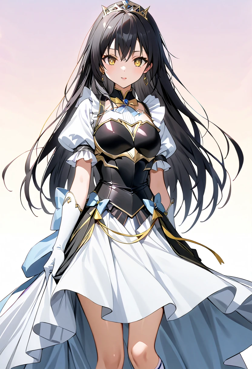 ((masterpiece)),  best quality,  beautiful adult woman,  Very detailed,( one woman),Yui Kotegawa,  yellow eyes, Long Hair,  black hair, Black and white dress, (( white knee socks like Arcelle )), Gloves,  jewelry,  clevis,  princess your toddler, elbow Gloves,  tiara , brooch, white Gloves、Adult women、thin、 VERY BEAUTIFUL、 Facial beauty、 long skirt、(((black and white armor、breastplate、Shiny Armor:1.2)))、 holding a bow、 Gold Earrings 、 black hair,  yellow eyes,  pink lips、whole body