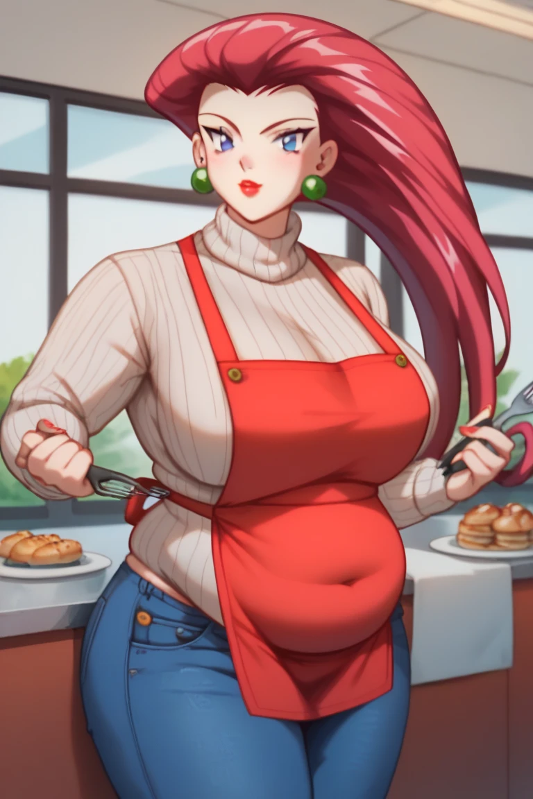 PM jessie working as a cafeteria, red hair, long hair, POV velly grabing, ++ POV Close up Face+++, red lipstick, blue eyes, prominent neck, Plump body, gained some weight, uncovered neck, earrings, ( wear a black coloured cafeteria worker apron, form fitting long apron), ((wear a scoop neckline sweater)),( wear a wide fit jeans), standing on a counter, gained some weight, slightly chubby belly, close up, tall height, fair skin,  pov close up to viewer, in a cafeteria,