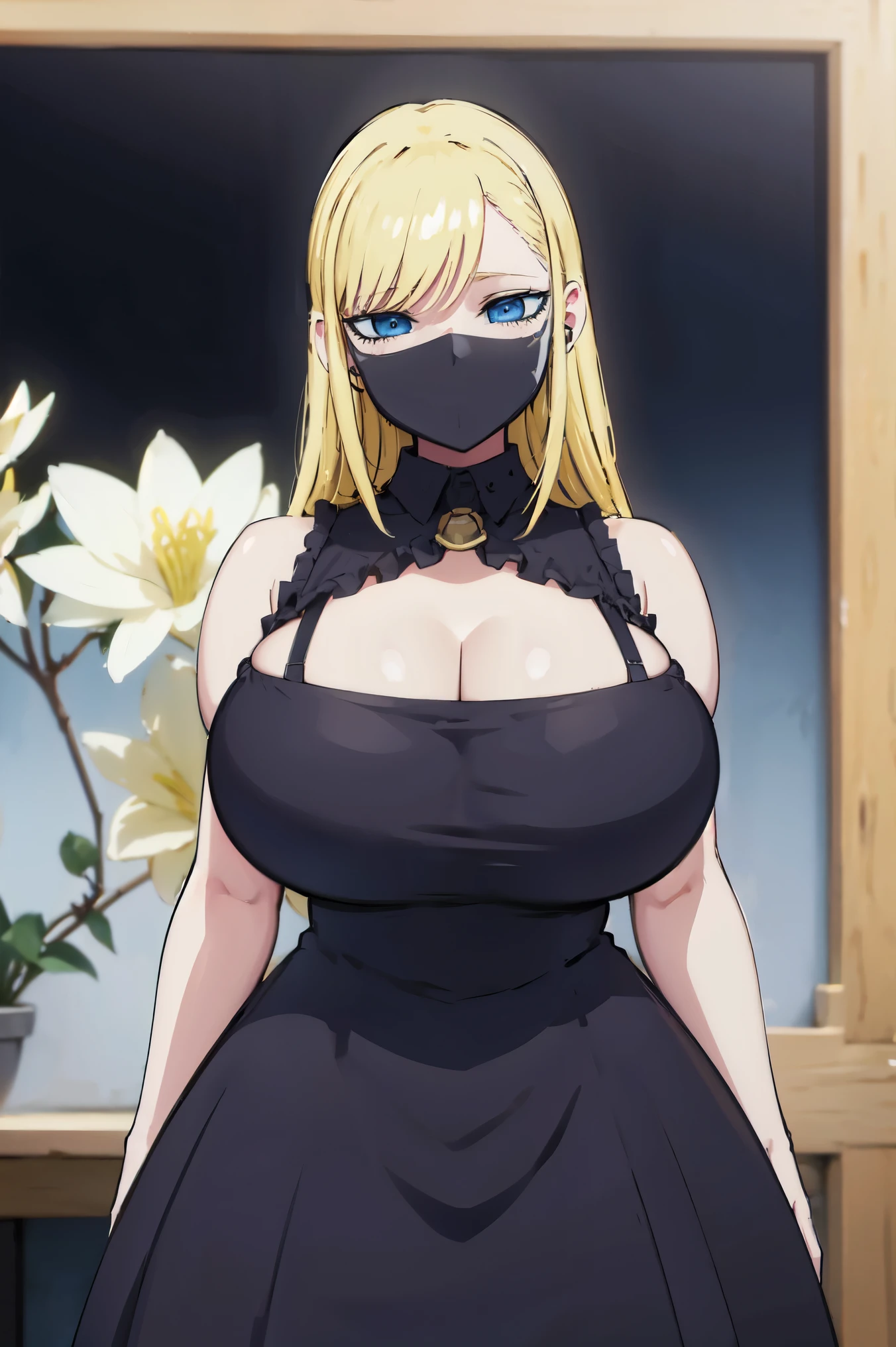 Blonde hair, huge tits   , (((black dress))),  thick, busty, blue eyes, ((upperbody)), emotionless, cleavage, flower garden