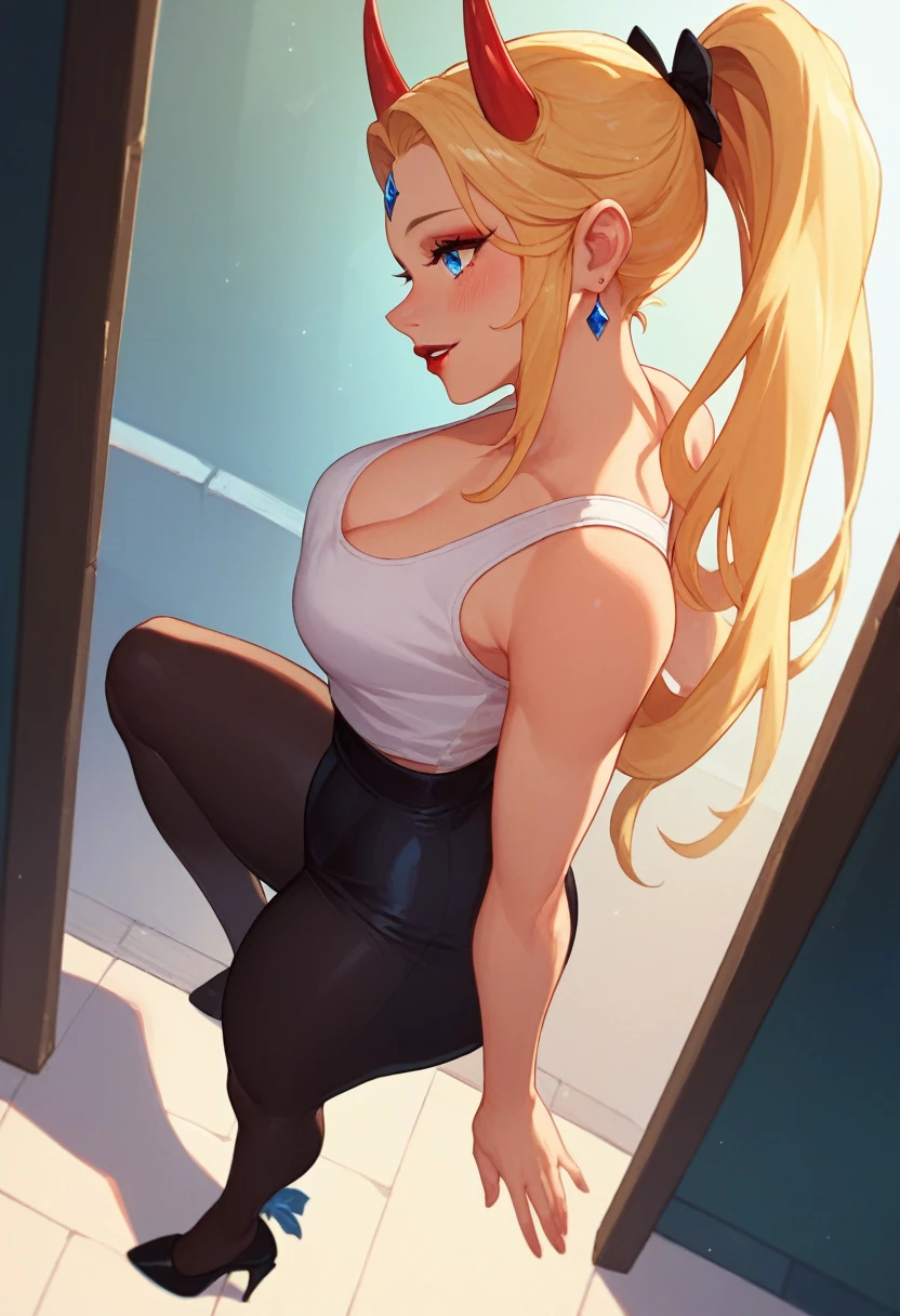 1girl in, Parted lips, blush, makeup, lightsmile, white tank top, black leggings, Full body, Wide Angle, From above, dark city, llight rays, Glow, thick thighs, high heels, Narrow waist, (masterpiece), Wallpaper,Beautiful skins, high ponytail from side、blonde hair, blue eyes, red lipstick, red small horns in forehead, no earrings.