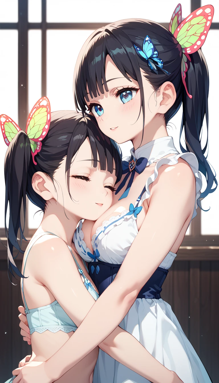  UHD, retina, textured skin, high quality, best quality,  highres icon, 1080P, HD, 16k、 side　ponytail、 dark hair、Butterfly Hair Ornament 、tuyuri kanao、cute、 sexy、Lingerie