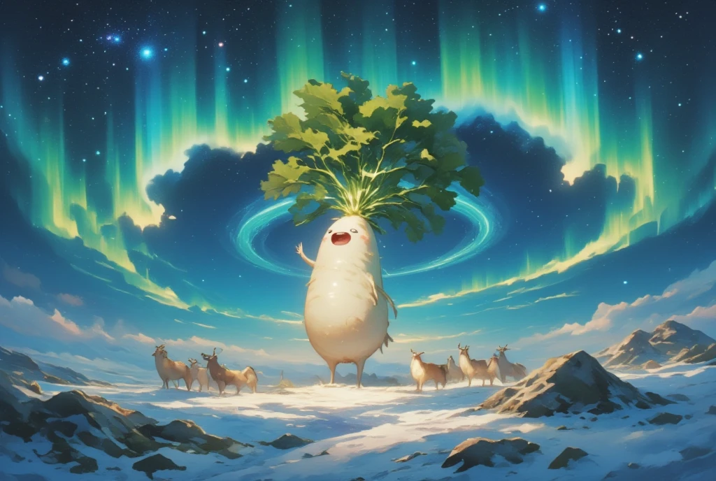 Arctic Landscape, and beautiful auroras spread out in the night sky, A huge daikon character that woke up from sleep on Earth is roaring,（ roaring daikon character :Mandrake:Japanese white radish texture,: open your mouth:Raise your hand:Slightly cute :Charming), something cute dark fantasy ,(At a remote location, drooling antelopes are listening to the state of daikon)