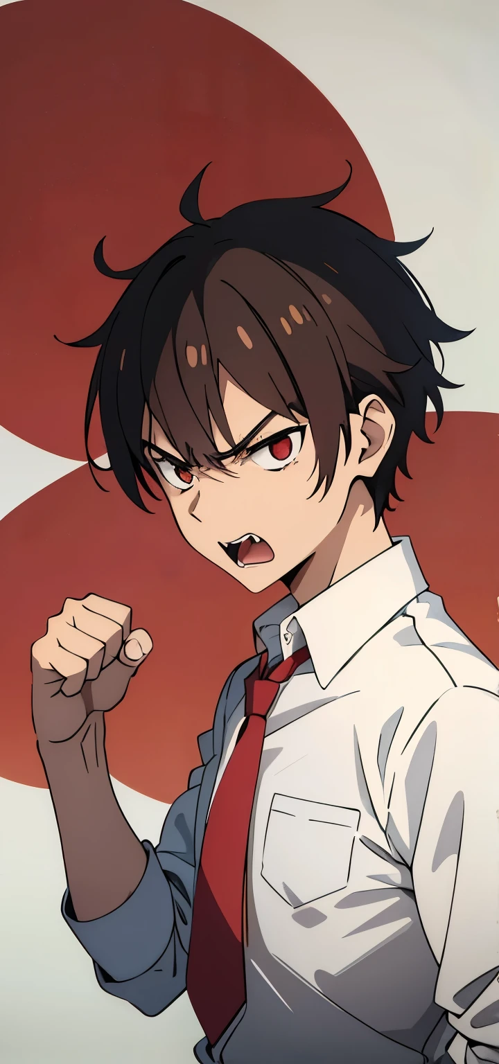 Anime boy wearing white shirt, red tie, school shirt, angry , first, yelling , sleeves fold, school boy, angry , punch, teen, man