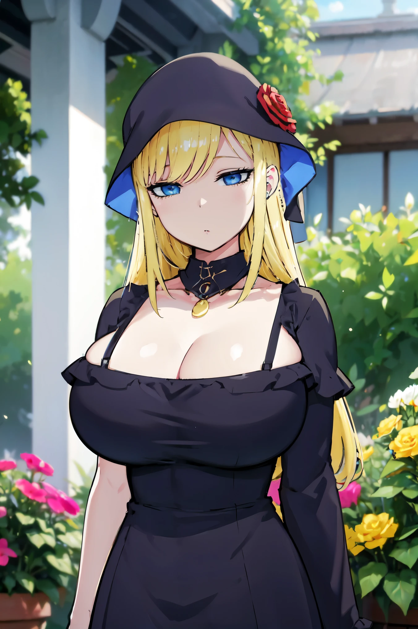 Blonde hair, huge tits   , (((black dress))),  thick, busty, blue eyes, ((upperbody)), emotionless, cleavage, flower garden