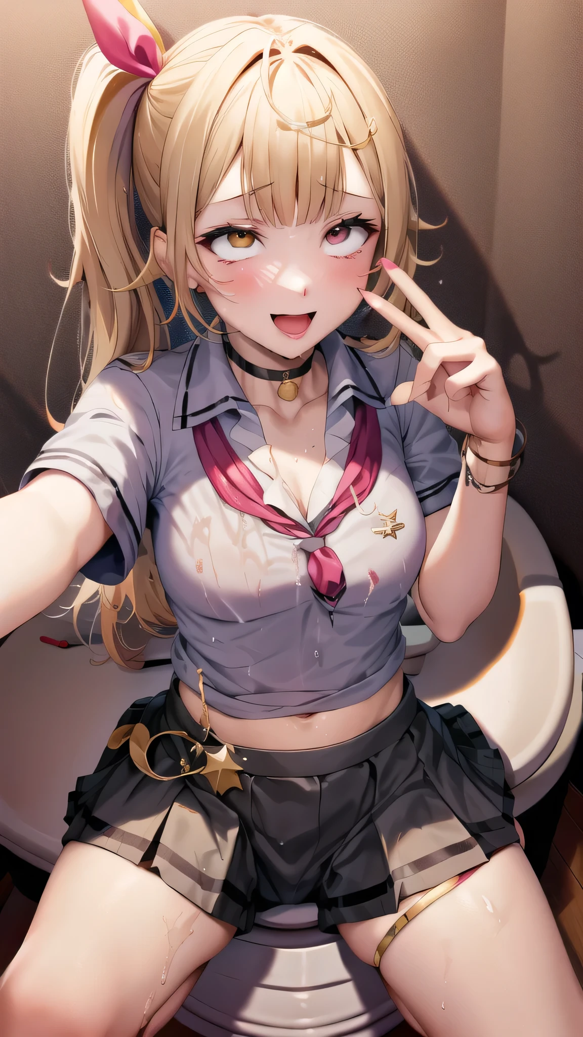 ((ganguro)), (masterpiece: 1.2, highest quality), （dark skin）、Angle from below、Looking at me with a happy smile、Blonde、High 、Ultra mini skirt、White panties、Hands are stretched out here
