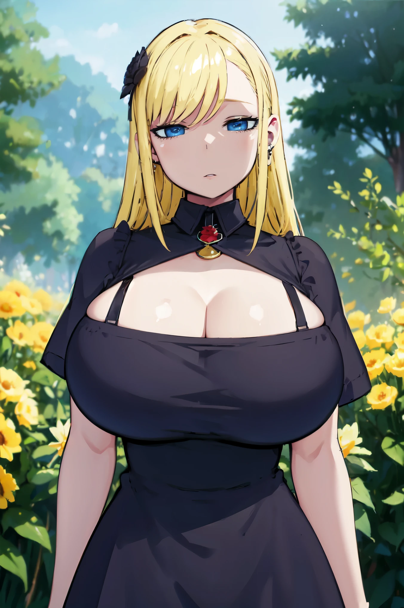 Blonde hair, huge tits   , (((black dress))),  thick, busty, blue eyes, ((upperbody)), emotionless, cleavage, flower garden