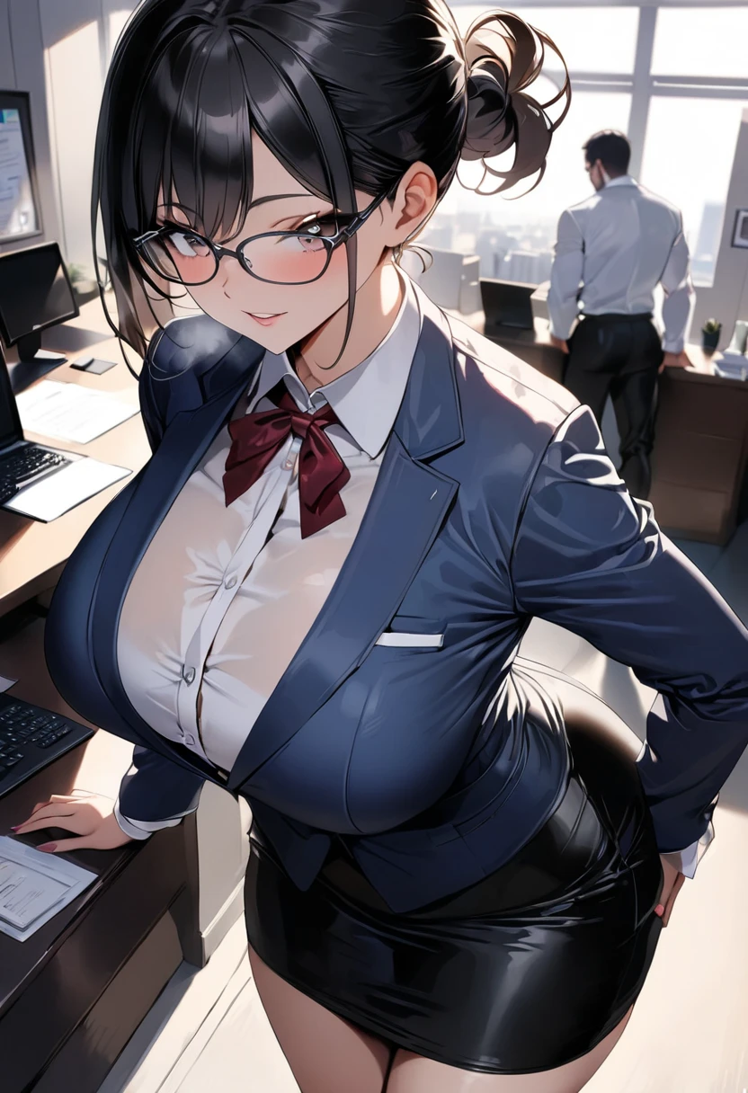 ((  best quality)), ((masterpiece)), (   Details), ( 1 Anime Girl  ),    sexy,  black hair with big breasts 9０CM OL ,    short ponytail ,   young woman,  OL with glasses , ((( Woman standing in office ))) , (  woman in business suit  ),  pencil skirt