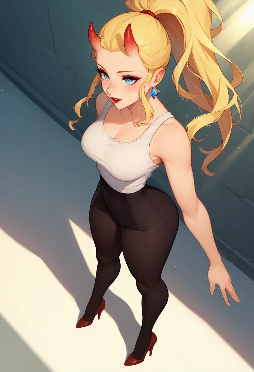 1girl in, Parted lips, blush, makeup, lightsmile, white tank top, black leggings, Full body, Wide Angle, From above, dark city background, llight rays, Glow, thick thighs, high heels, Narrow waist, (masterpiece), Wallpaper,Beautiful skins, high ponytail from side、blonde hair, blue eyes, red lipstick, red small horns in forehead, no earrings.