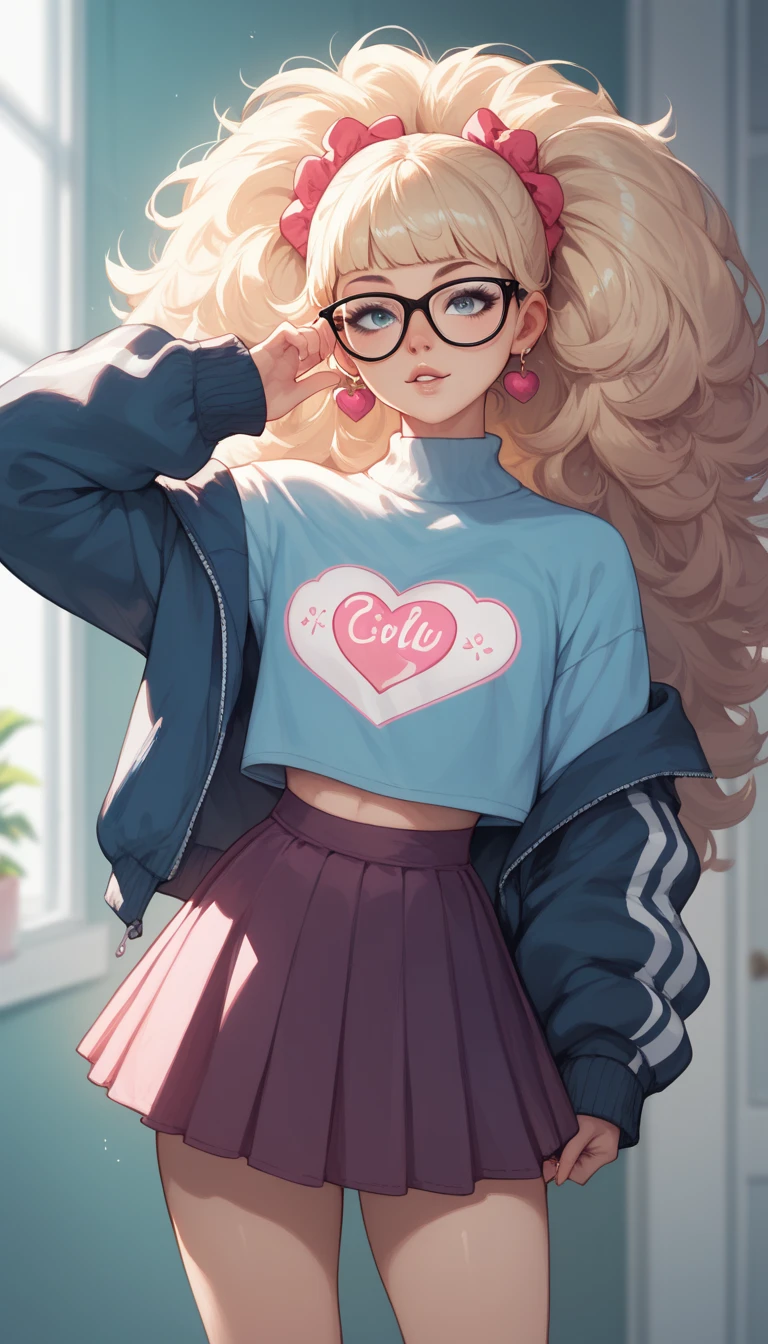 a young pretty girl, wearing a skirt and a sweatshirt, big hair and is wearing glasses, she is in her room 