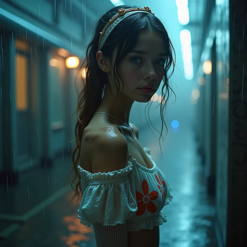 Top Quality, Masterpiece, High Resolution, 8k, (((cute skinny barely legal girl in oversized silky nightgown and wetlook leggings, wide neckline, deep neckline, small perky breasts, beautiful detailed eyes, beautiful detailed lips, small closed mouth, extremely detailed face, long ponytail hair, small hips))), cyberpunk apartment, moody atmosphere, dramatic and random neon colors, futuristic setting, intricate details, at night, backlit, full body shot, view from distance
