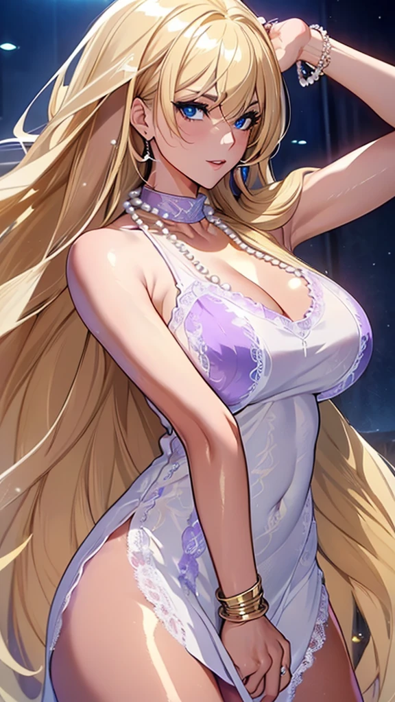 A masterpiece of the highest order, ultra high precision, ultra high image quality, 8K quality, realistic anime style, a woman, a perfect woman with the best anatomical and ergonomic face and body, a well-proportioned face and body, (((Long hair:1.3))), (((Blue colored highlights hair:1.2))), (((shiny Blonde hair:1.2))), (((long bangs:1.2))), a slim face, ((narrow deep clear Blue eyes:1.2)), (((deep glossy and shining eyes))), (((eyes with highlights))), (((very long eyelashes))), thin red lips, a tall and slender body, (very large and heavy breasts:1.4), tight waist, large hips, white skin, moist and lustrous skin, (((Sexy purple dress))), (((slit Lace Dress:1.2))), (((large earrings))), (((Pearl necklaces:1.2))), (((bangles, rings))), (((beautiful smile))), mysterious atmosphere, great presence, ((upper body, sexy pose))
