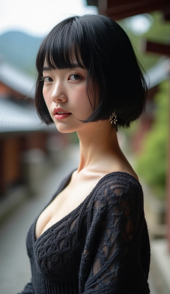 EDITORIAL PHOTOGRAPHY,  Super Detailed Backgrounds  ,Super Real, Shade,depth of field, perfect anatomy、Goddess Amenouzumenomikoto 、full body、cool beauty super slim skinny video, Soft Focus Sepia Tone ,movie scene,It was transparent,Wabi-sabi,Shioriness,looking at the camera、Nipples、Geometric model witch costume,is looking away at the female genitals,  Super Short Straight Bob Hairstyle ,Japanese Mythology Worldview 、natural light、Heaven Realm