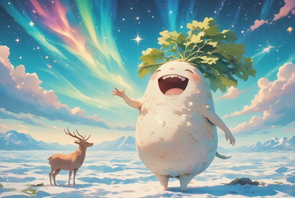 Arctic Landscape, and beautiful auroras spread out in the night sky, A huge daikon character that woke up from sleep on Earth is roaring,（ roaring daikon character :Mandrake:Japanese white radish texture,: open your mouth:Raise your hand:Slightly cute :Charming), something cute dark fantasy ,(離れた場所では drool をたらしたAntelopeが大根の様子を伺っています:Antelope: drool )