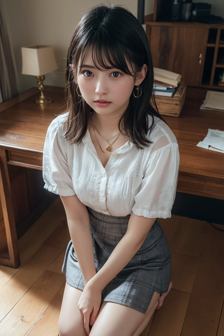 (photo-realistic:1.3), (8k, best quality:1.2), ultra-detailed, cute, sharp focus, looking at viewer, solo, extremely detailed face and eyes, beautiful hair, ((short hair, white collared shirt, skirt)), sitting on bed, night view