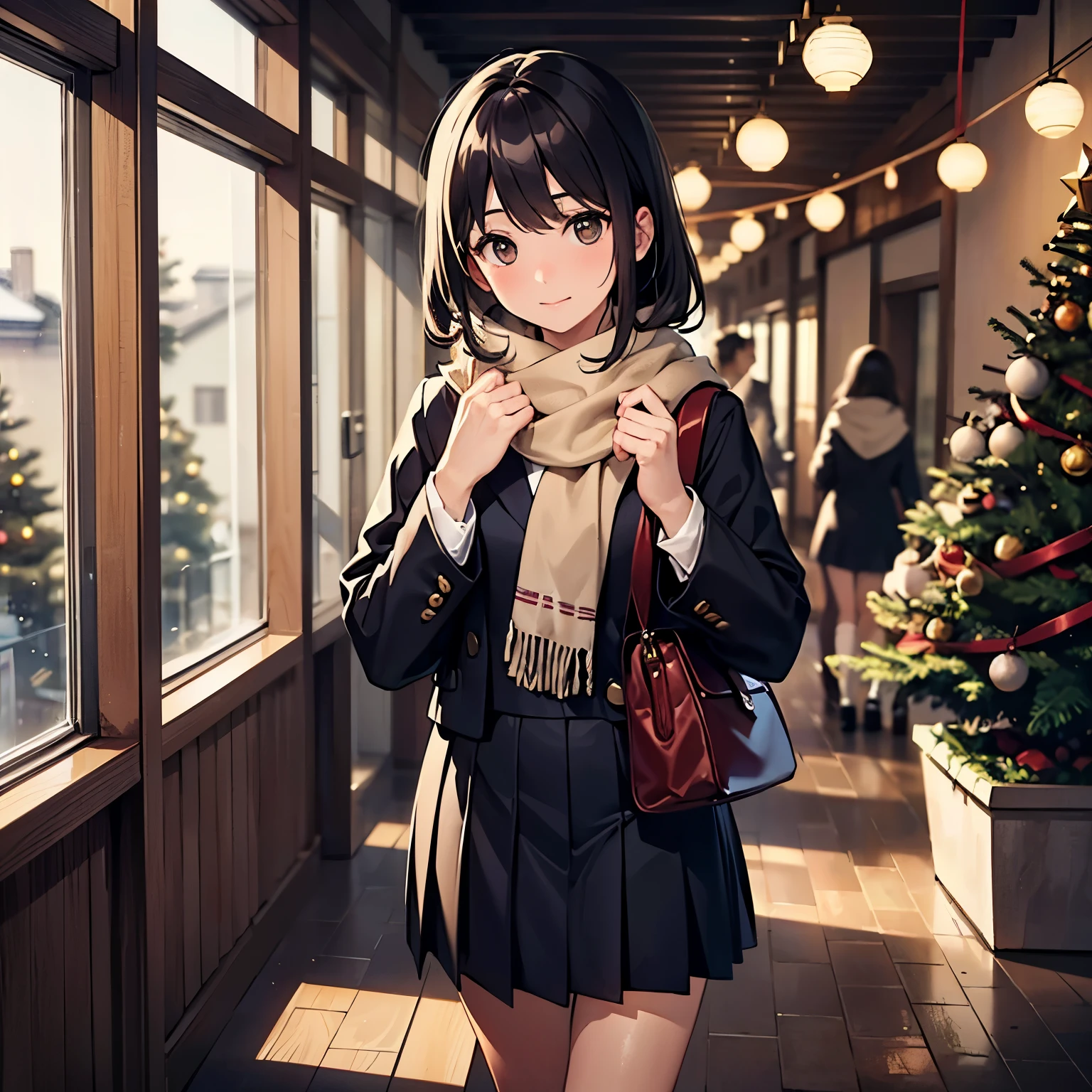 full-body portrait of a Japanese high school girl walking alone through a school hallway during Christmas time. She is dressed in her traditional school uniform, complemented by a cozy, winter scarf wrapped around her neck. Her gentle gaze meets the camera with a warm and thoughtful expression, conveying a mix of youthful innocence and holiday sentiment. The background features subtle Christmas decorations, such as garlands, string lights, or a small tree in the distance, creating a festive but understated setting. Soft natural light filters through the windows, illuminating her and adding a warm, inviting glow to the scene. Keywords: Japanese high school girl, Christmas season, school uniform, scarf, walking in school, camera gaze, festive setting, natural lighting. Style: high-resolution, realistic photography, soft warm tones, shallow depth of field for focus on the subject.