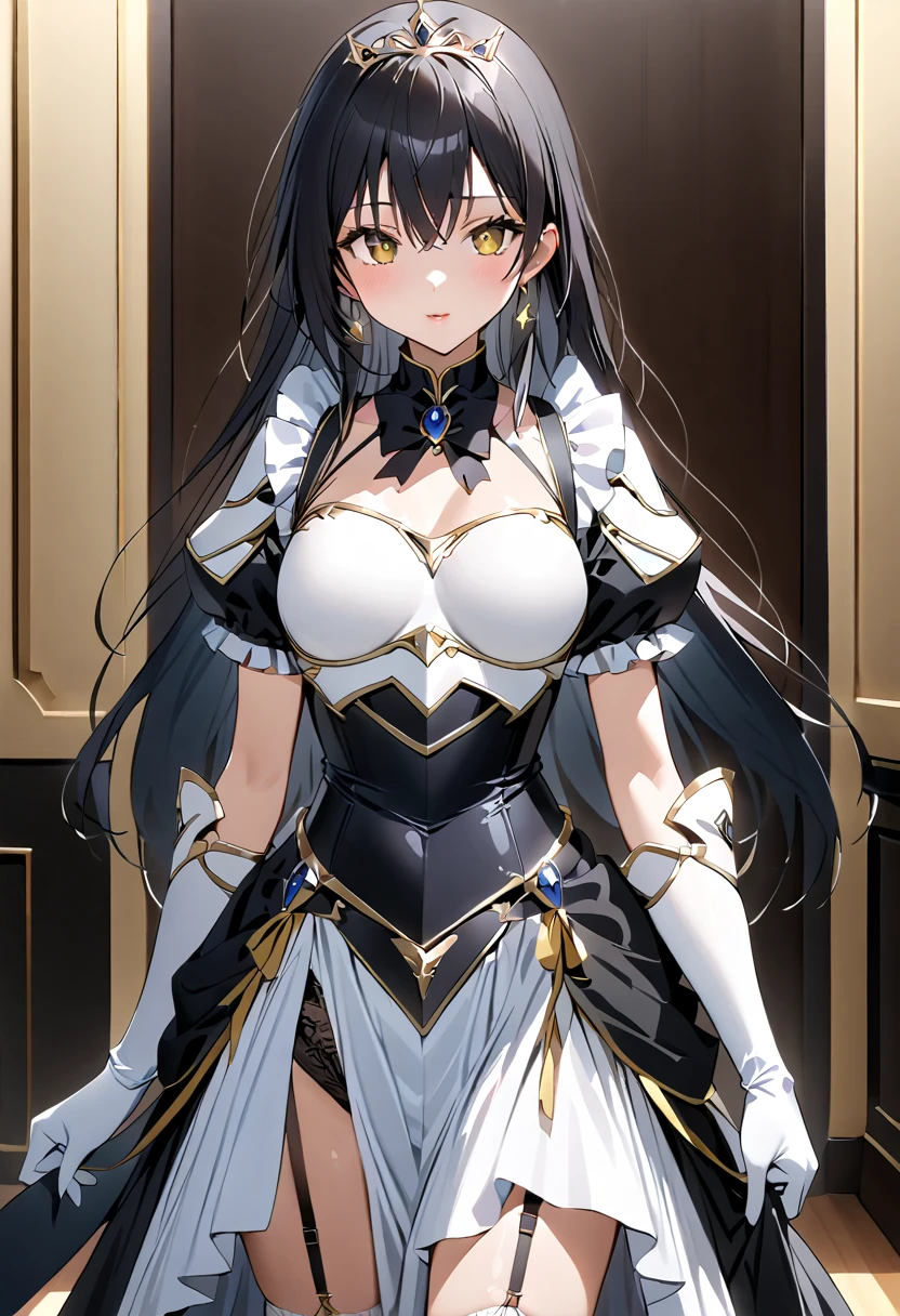 ((masterpiece)),  best quality,  beautiful adult woman,  Very detailed,( one woman),Yui Kotegawa,  yellow eyes, Long Hair,  black hair, Black and white dress,  long skirt, (( white knee socks like Arcelle )), Gloves,  jewelry,  clevis,  princess your toddler, elbow Gloves,  tiara , brooch, white Gloves、black s stockings, Garter belt, Adult women、thin、 VERY BEAUTIFUL、 Facial beauty、 long skirt、(((black and white armor、breastplate、Shiny Armor:1.2)))、 holding a bow、 Gold Earrings 、 black hair,  yellow eyes,  pink lips、whole body