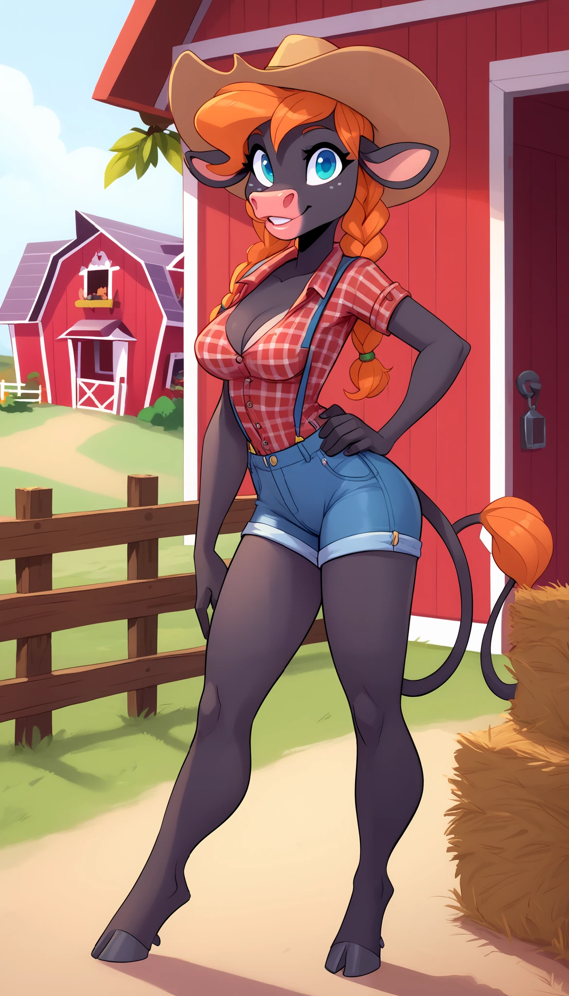 score_9,score_8_up,score_7_up,score_6_up,best quality, masterpiece, background is farm, farm, side view, 1girl,
BREAK
solo, domestic young cow, anthro, female furry, tall female, upper body half-nude, black fur, orange hair, blue eyes, no pupil, green open farm shirt, denim slim shorts, two braids, cleavage, flirty smiling, looking at viewer, confident. hand on hip, standing, posing, medium breasts, full body, hooved legs, farmer hat